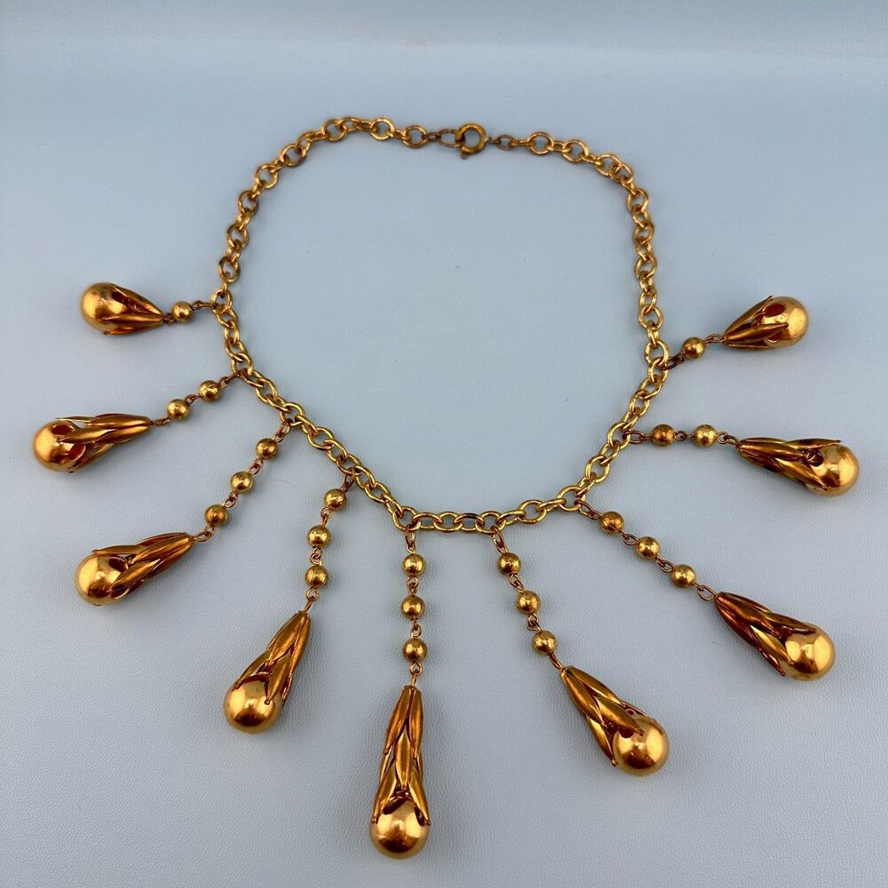 Vintage Art Deco Necklace Fringe Chain Antiqued Gold Tone Etruscan Revival State - Picture 3 of 16